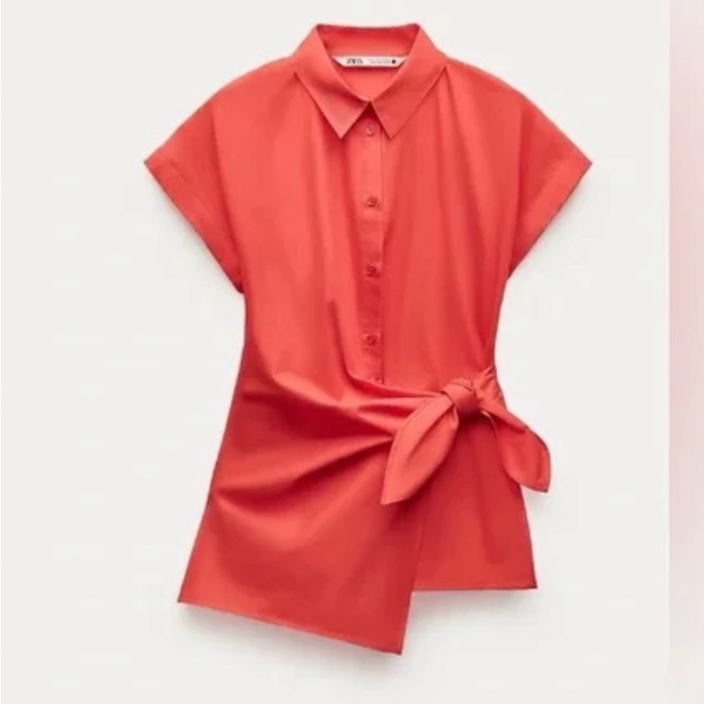 ZW COLLECTION KNOTTED POPLIN SHIRT RED. Size L, M - Picture 6 of 10